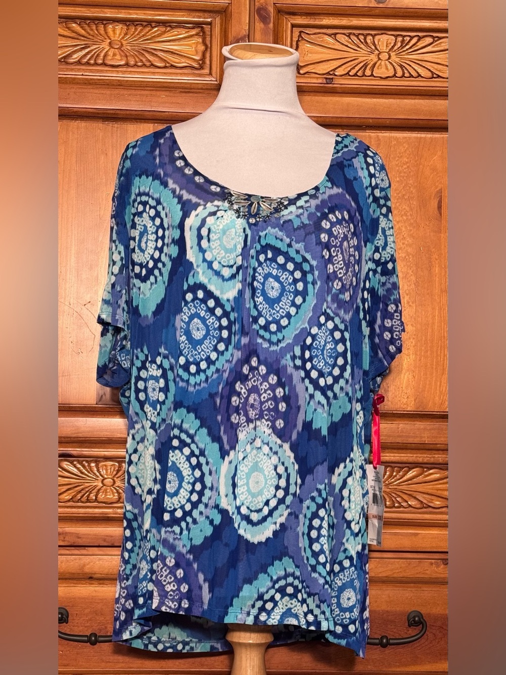 Ruby Rd. Blue Teal Circular Print Scoop Neck Tunic